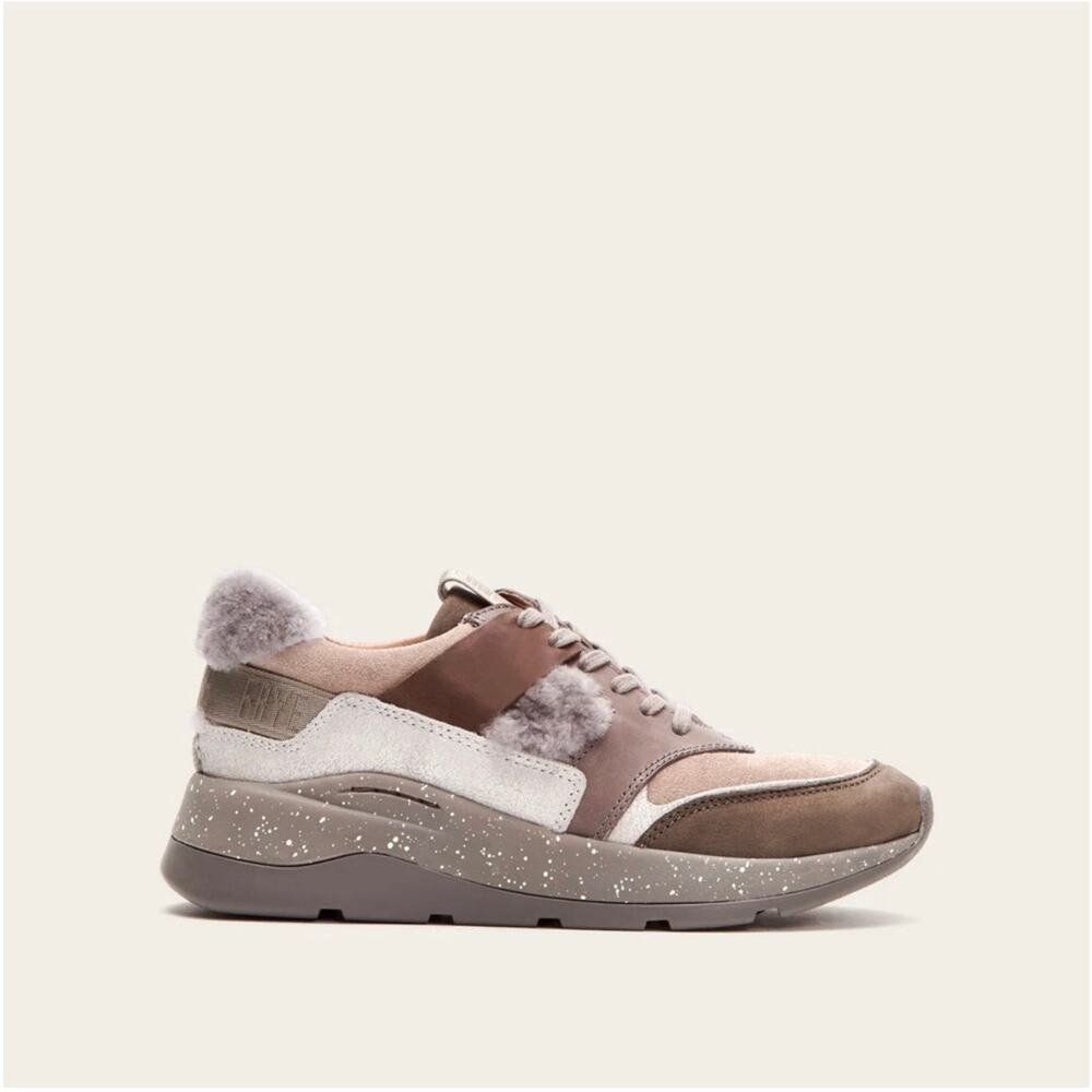 Frye Willow Low Lace Leather Shearling Sneakers Brown Grey Size 7.5